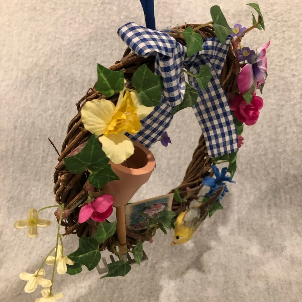 NWOT - Colorful Floral Garden Wreath with Gingham Bow
